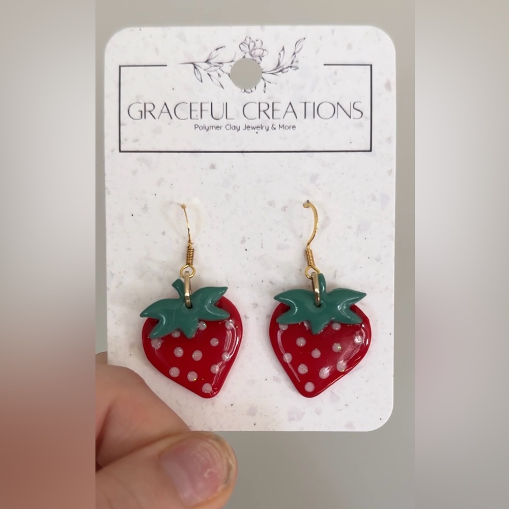 Strawberry Clay Earrings Sealed with UV Resin & made with Hypoallergenic Hooks